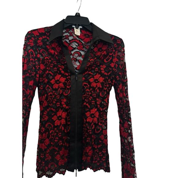 Vintage Cache Red Black Lace Zip Up Blouse Floral Vampire Goth Dark Romantic : S - Picture 10 of 14